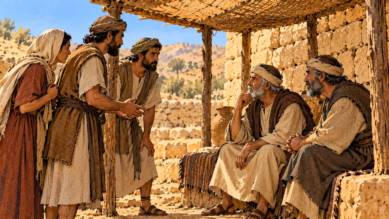 Adults approach two seated senior listeners beneath a simple canopy.