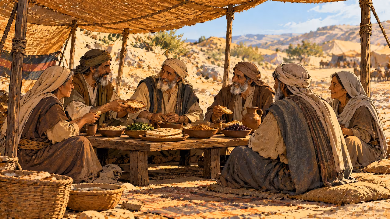 Senior adults share prepared food at a low table beneath a temporary canopy.
