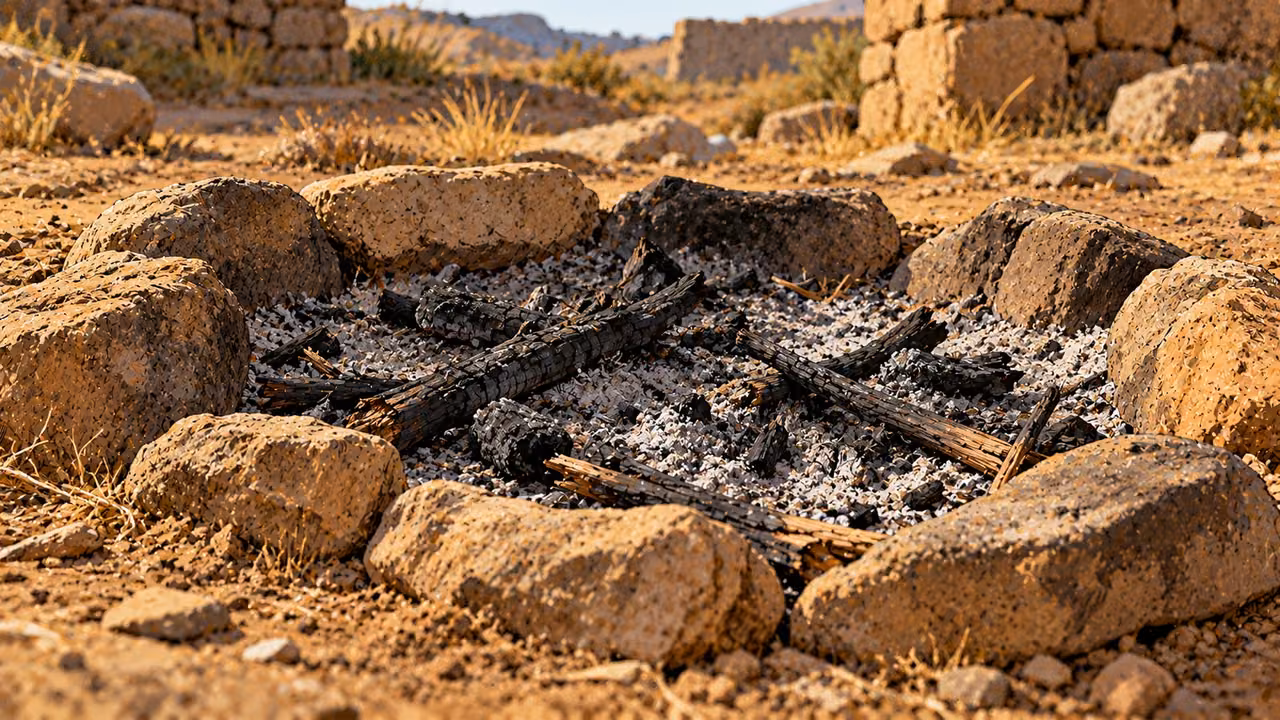 Cold ash and blackened sticks lie in a shallow outdoor fire pit ringed by stones.