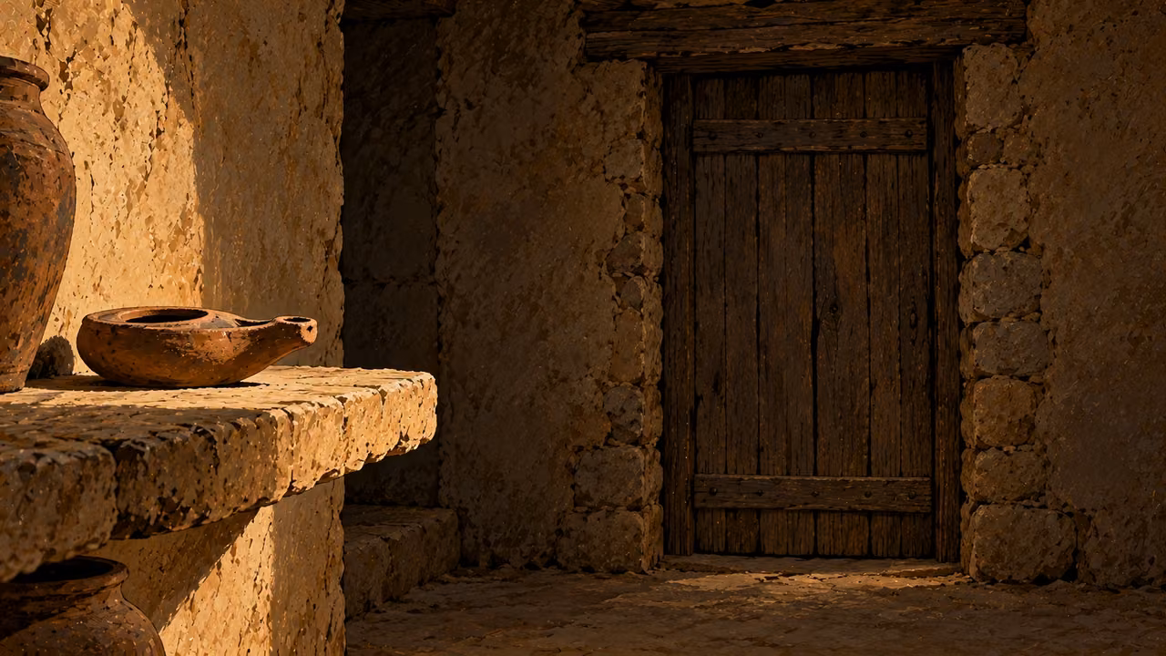 An unused clay lamp sits on an earthen shelf beside a closed wooden door in a dim room.