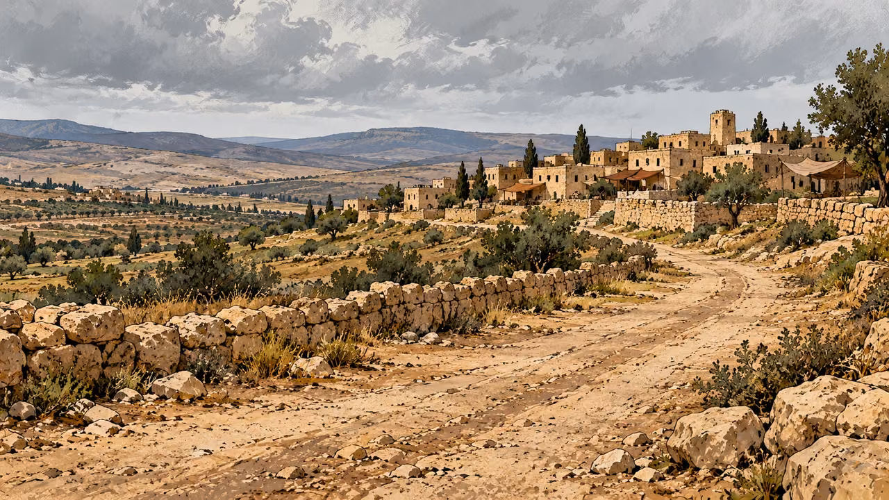 An empty road leads past cultivated fields toward a distant hillside settlement beneath grey clouds.
