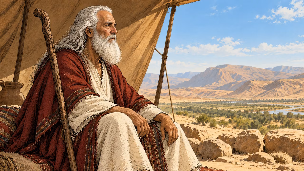 Moses sits in tent shade with his hands resting on his knees and a wooden staff beside him.