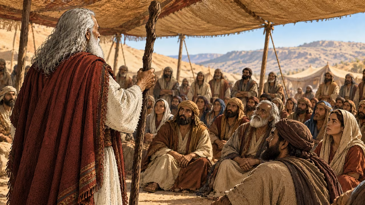 Moses addresses seated adults beneath a broad canopy, seen from behind his shoulder with his staff in hand.