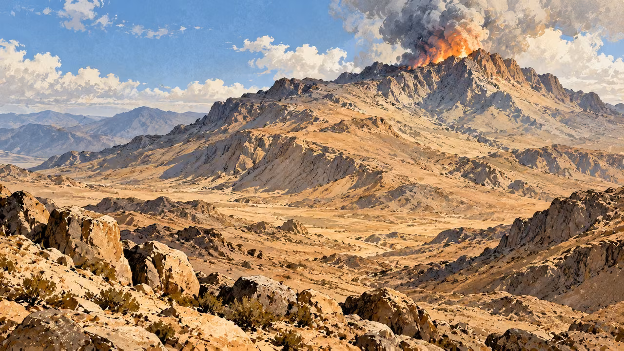 Fire and smoke rise from the distant summit of a barren rocky mountain.
