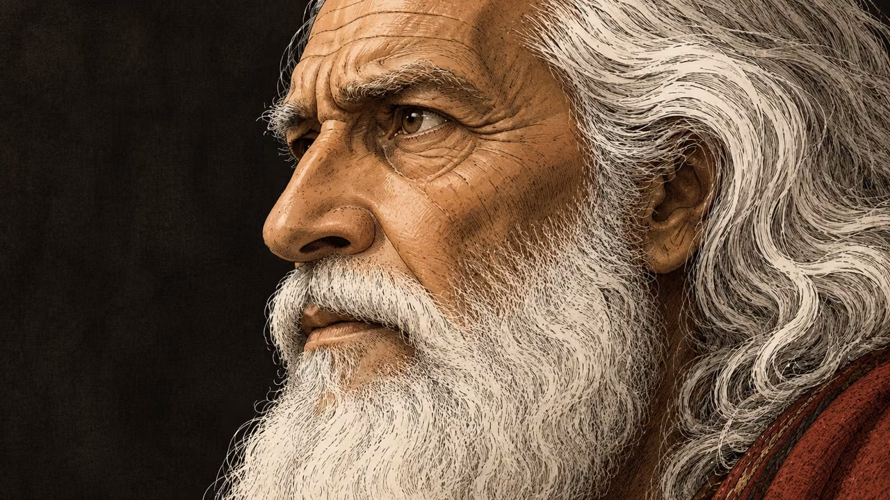 Moses’ aged face fills the frame in close left-facing profile, listening quietly against a dark background.