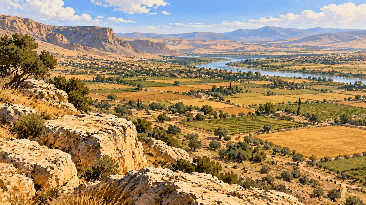 Fields and small households stretch across a broad river valley below a rocky hillside.