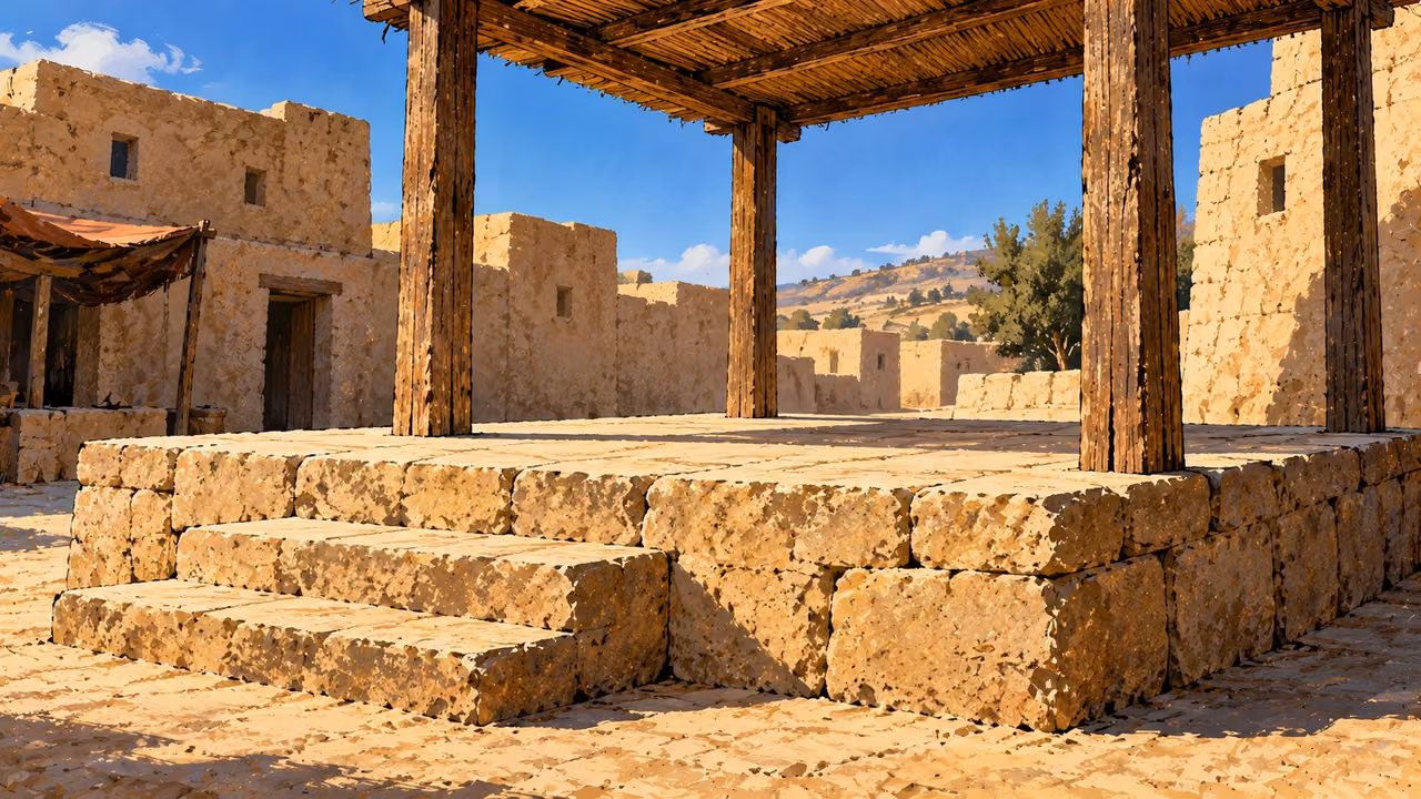 An empty low speaking platform stands under a simple timber canopy in a quiet public court.