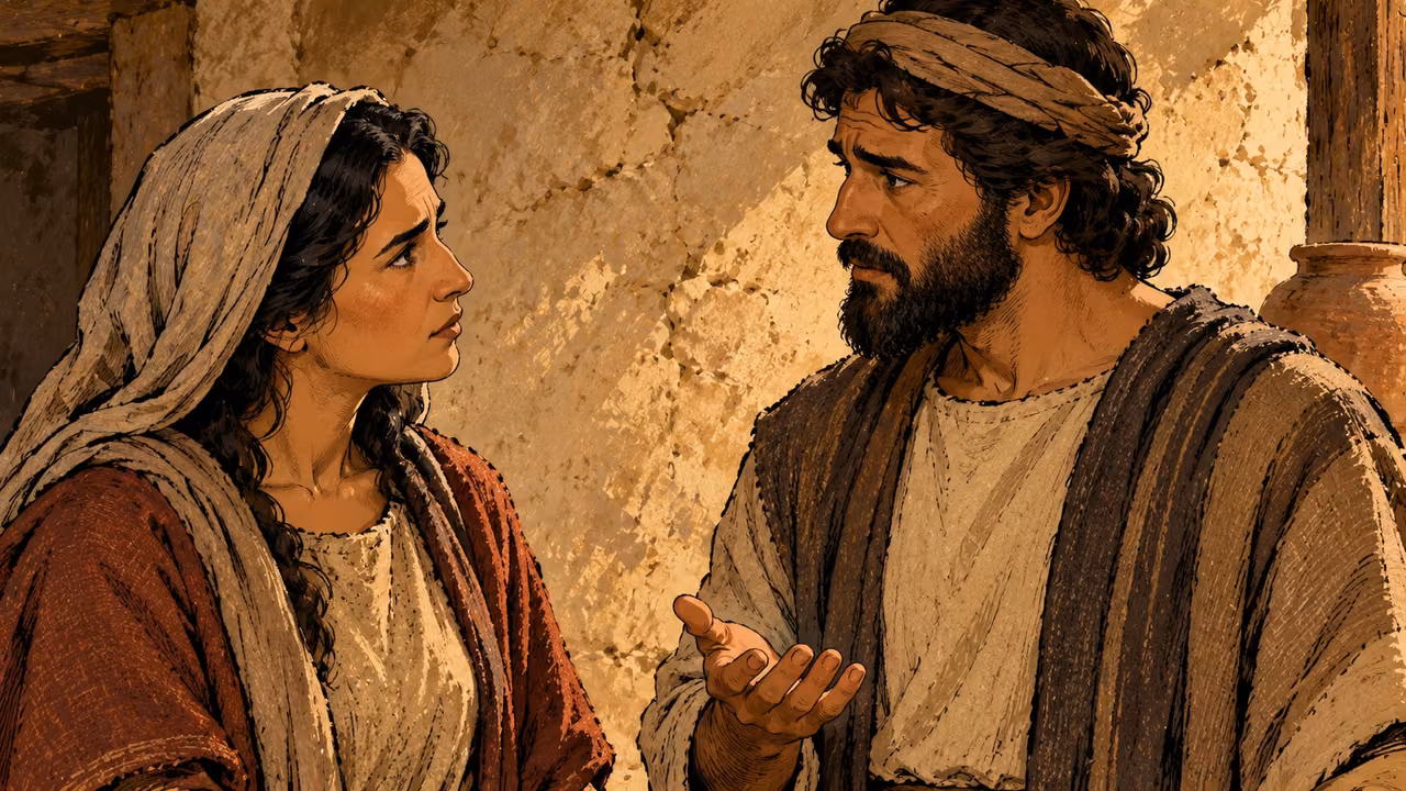 Two adults exchange a questioning look beside an earthen wall, one with an open hand.