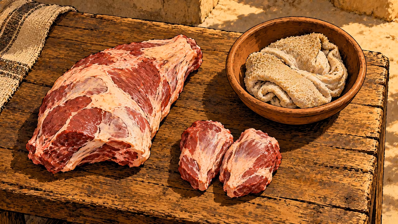 A large meat cut and two smaller portions lie beside a clay bowl of cleaned stomach on a wooden surface.