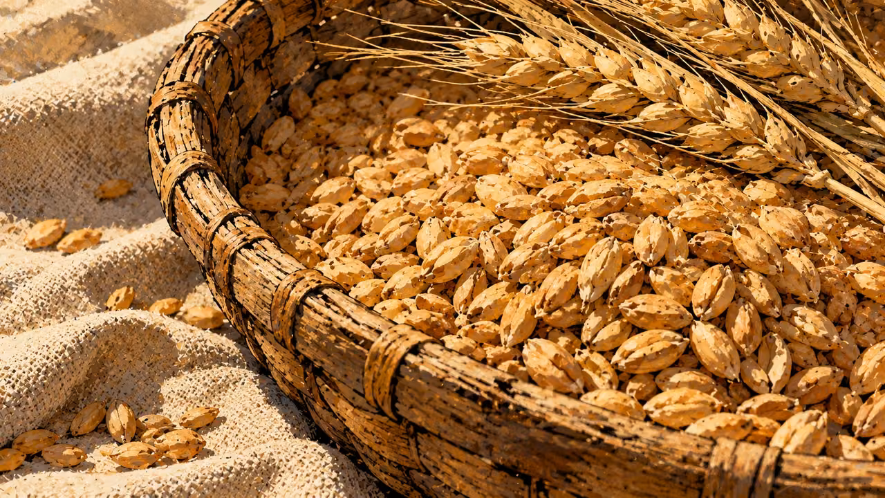 Harvested grain and wheat heads fill a shallow woven basket on coarse cloth.