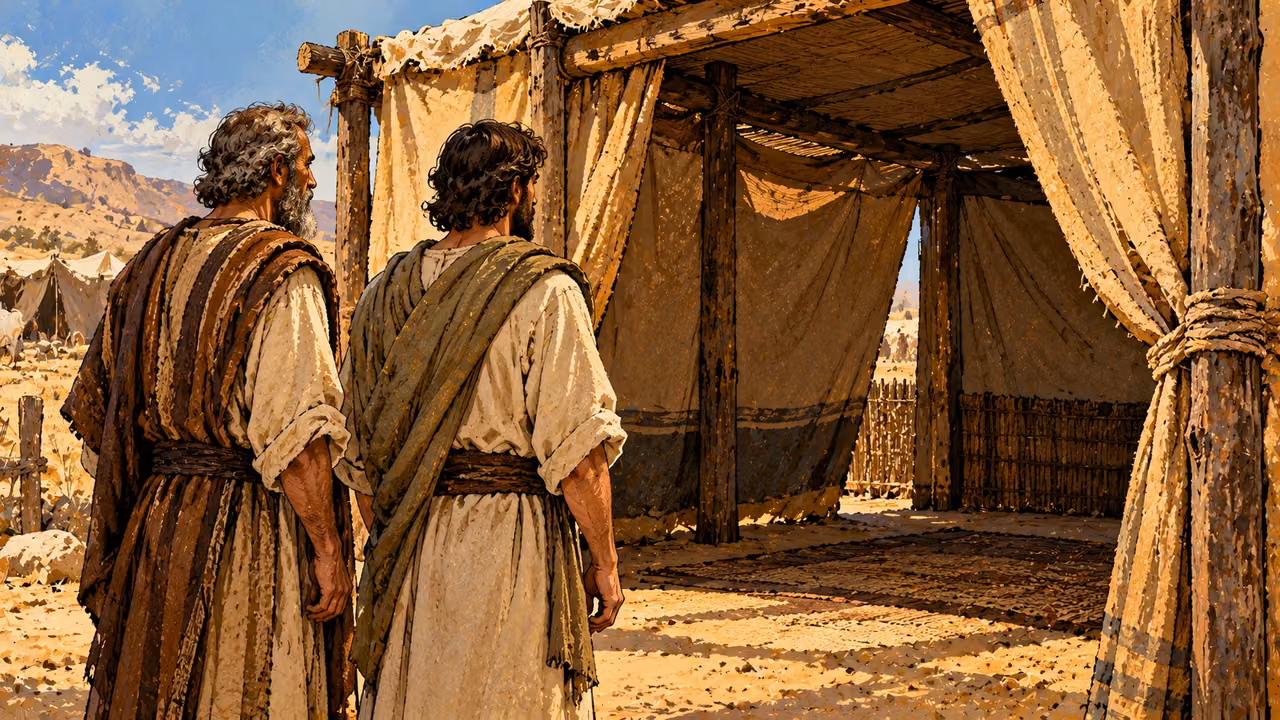 An older man and a younger man stand beside an open cloth shelter in plain robes.