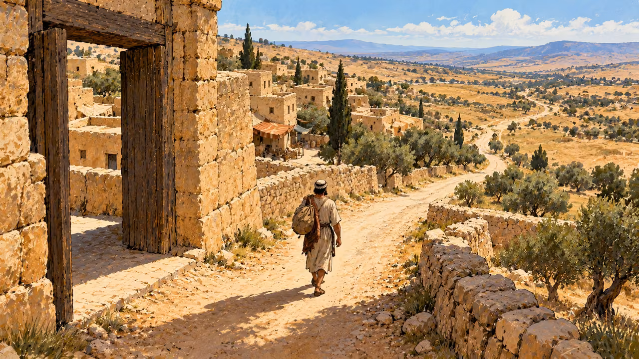 A traveler carrying a bundle walks from a stone town gate toward an open road.