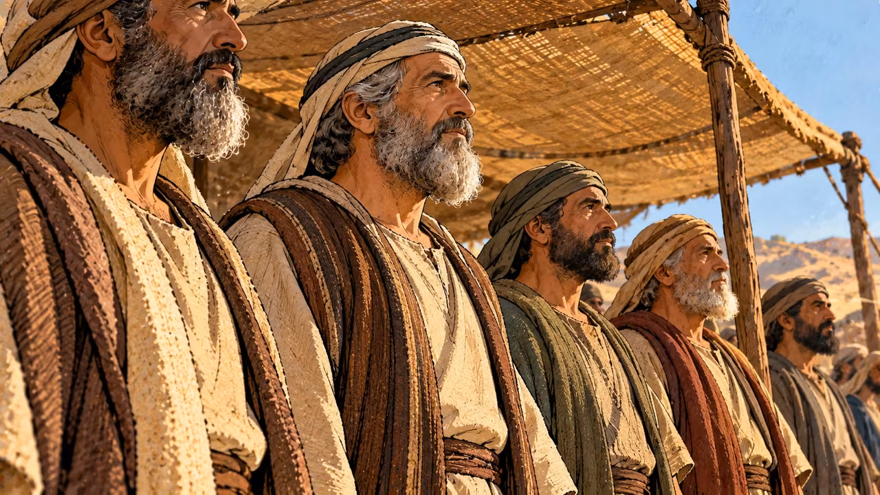 Several men stand shoulder to shoulder beneath a woven canopy in ordinary robes.
