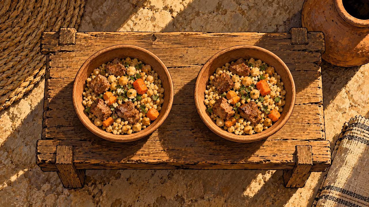 Two matching clay bowls hold equal portions of food on a low wooden table.