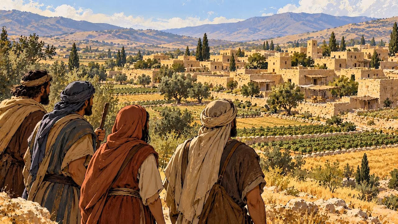 Several adults pause on a hillside above fields and an ordinary stone settlement.