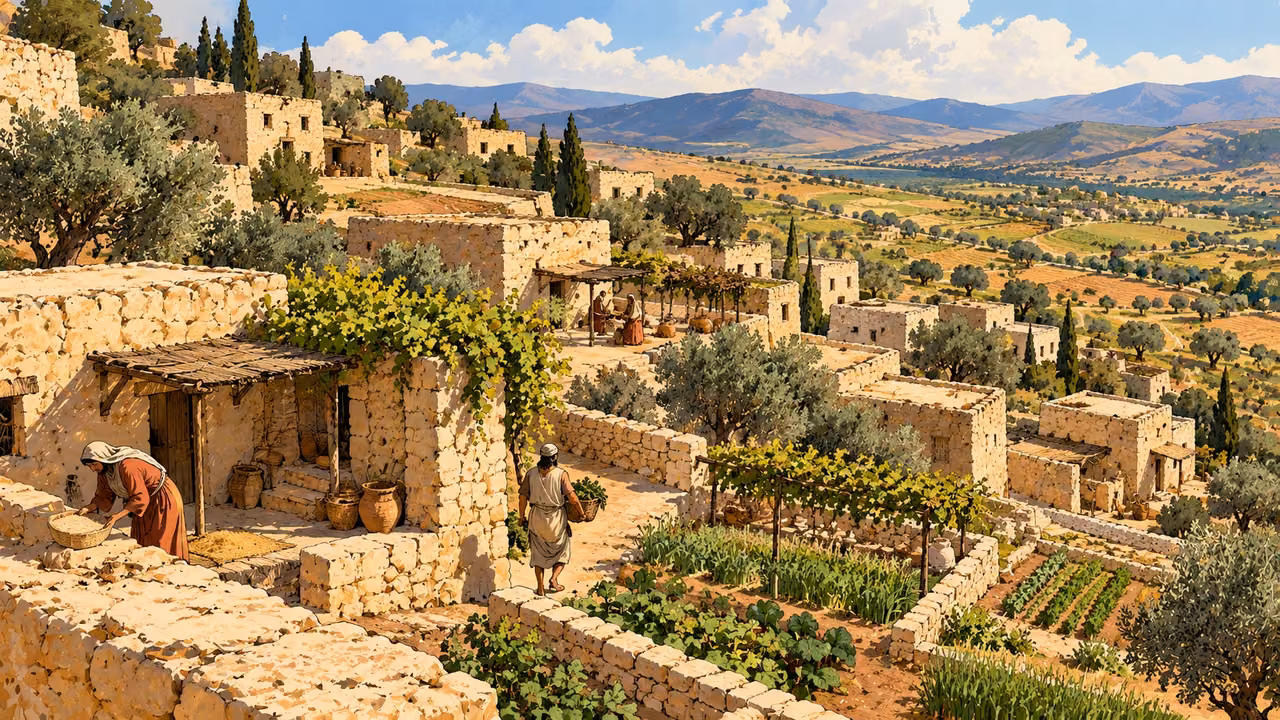 Stone houses, gardens and ordinary household work spread across a sunlit hillside above fields.