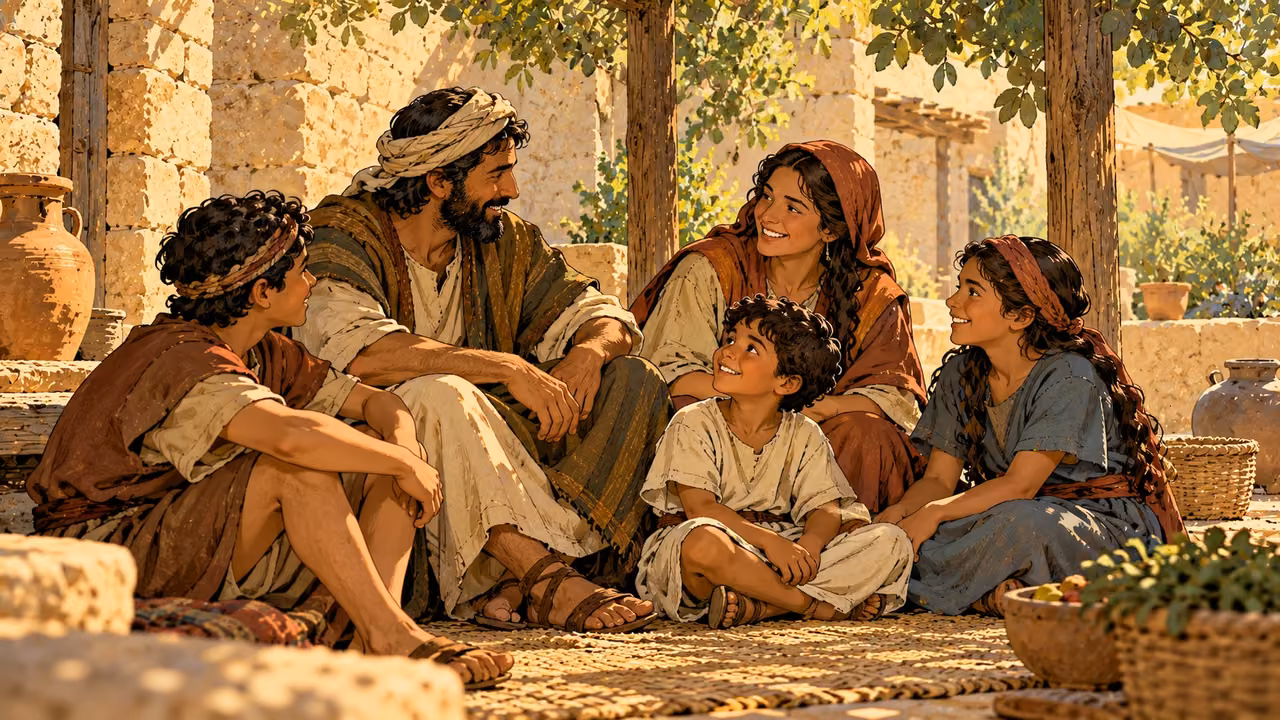 Adults and children sit together peacefully beneath shade in a stone courtyard.