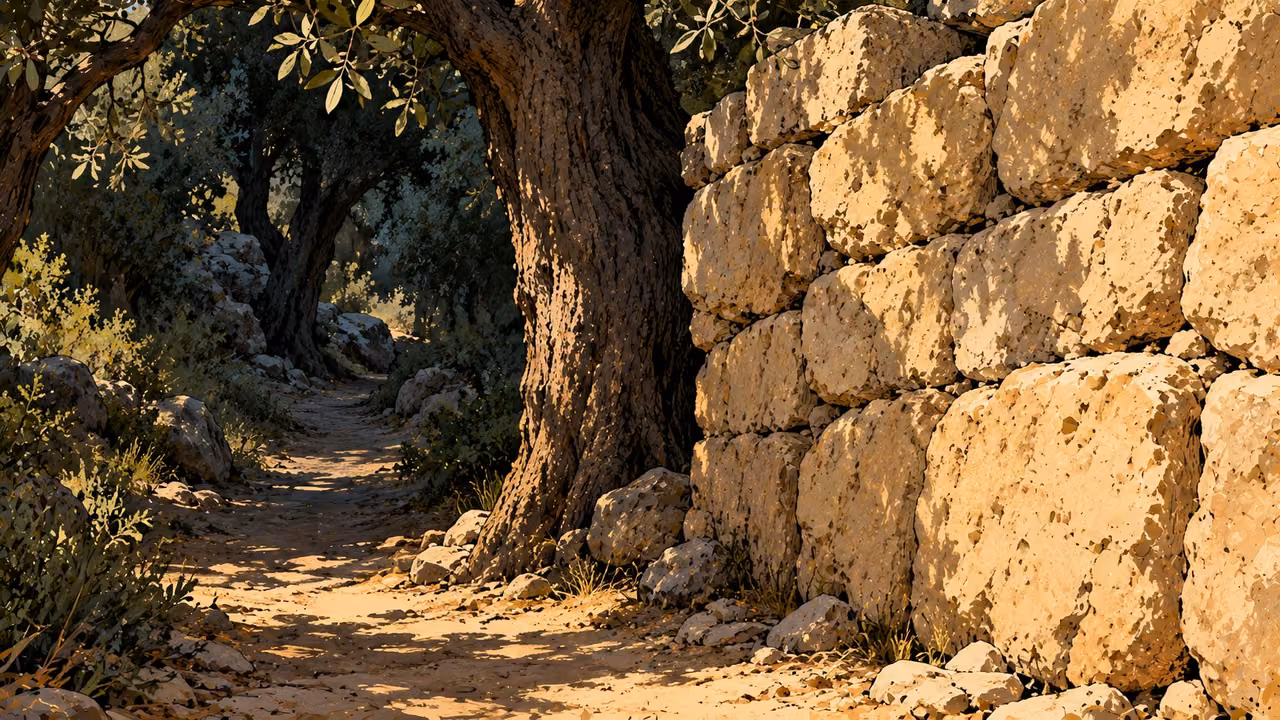 A shadowed woodland path passes behind a broad tree trunk beside a rough stone wall.