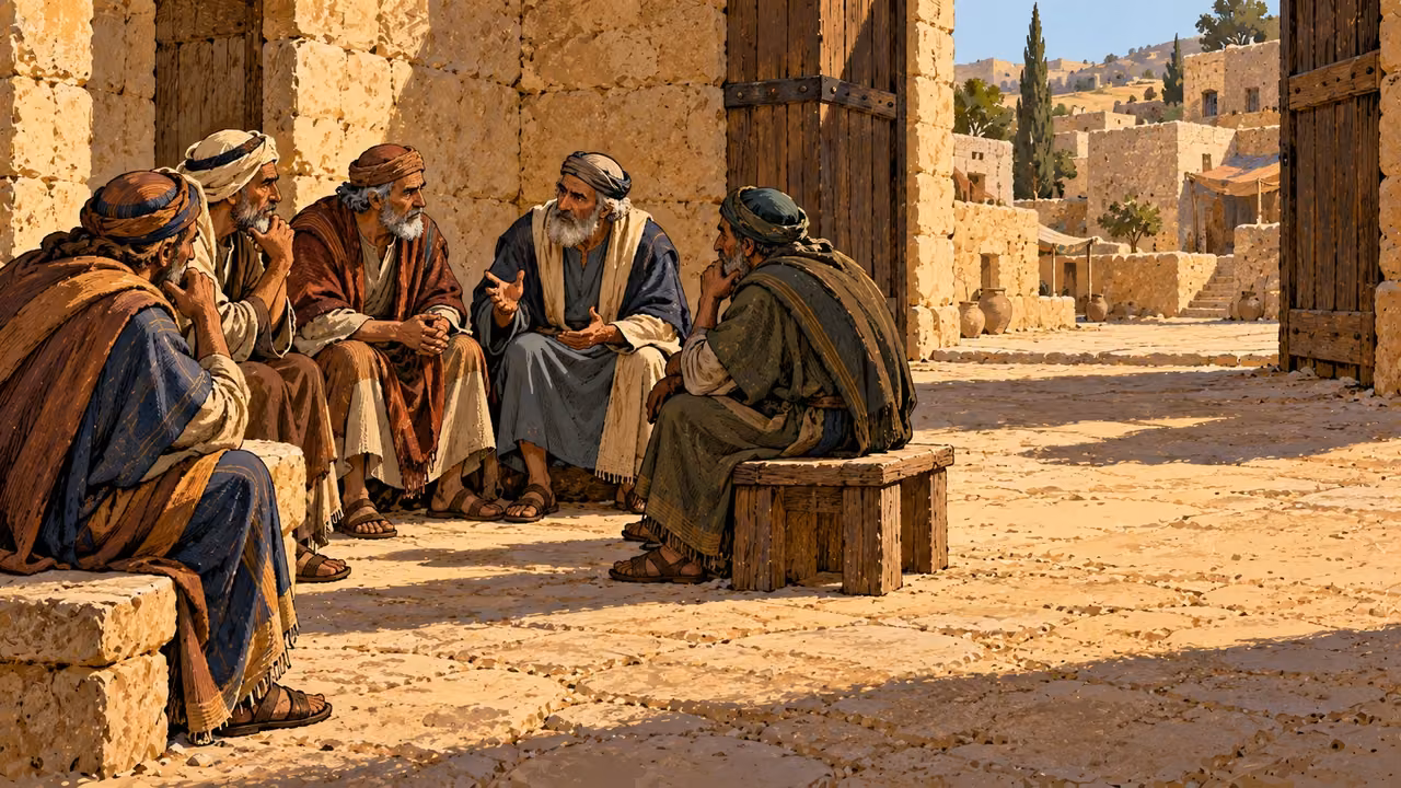 Senior adults confer soberly beside a city gate with an empty court before them.
