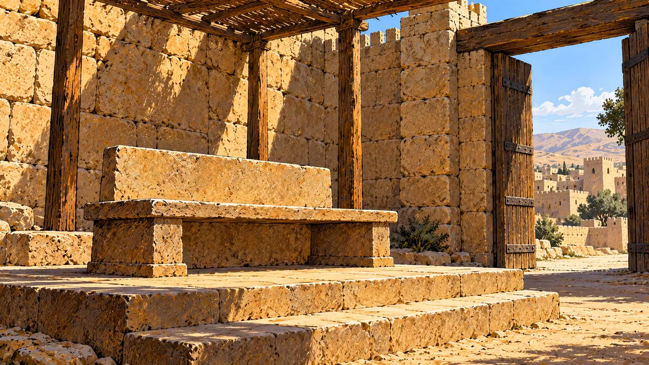 An empty plain stone bench stands beneath a simple shade beside an open city gate.