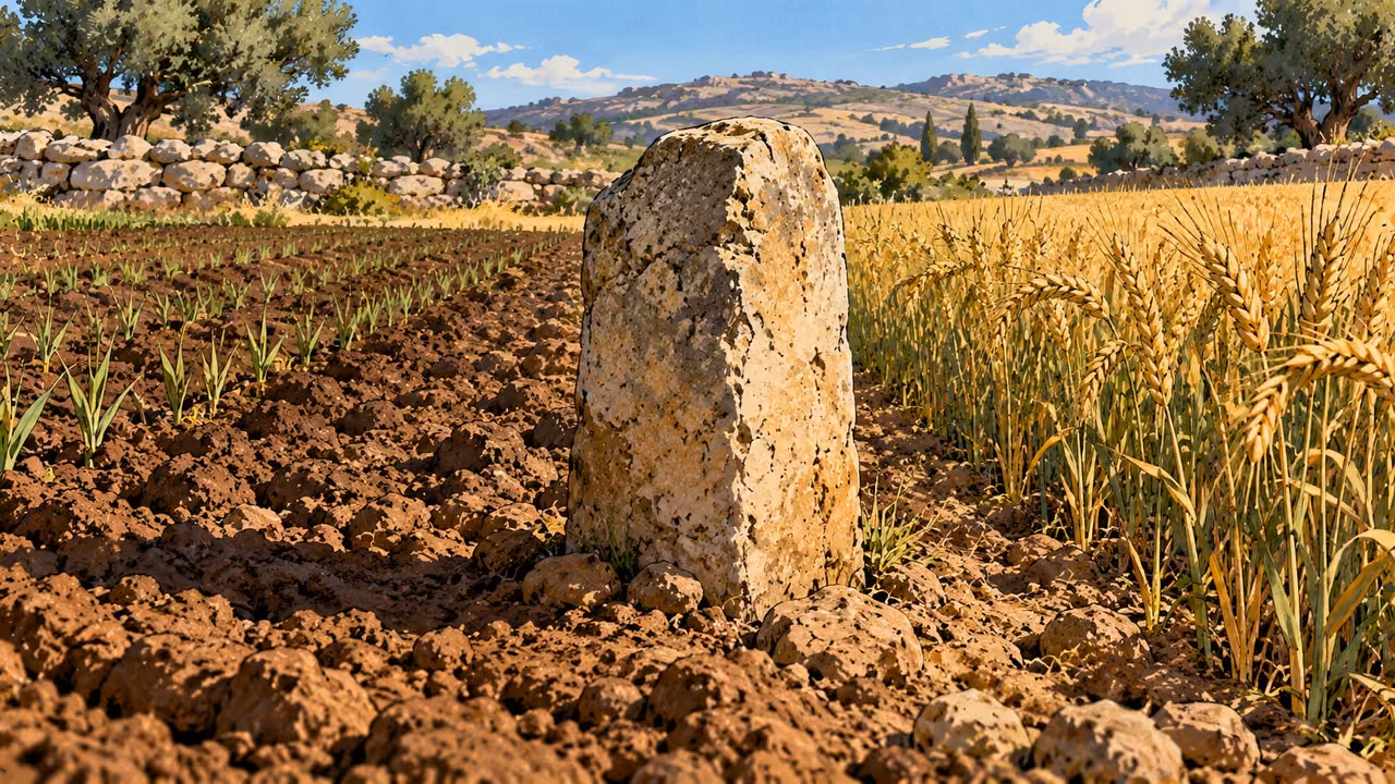 A weathered uninscribed stone stands firmly between two cultivated strips of land.