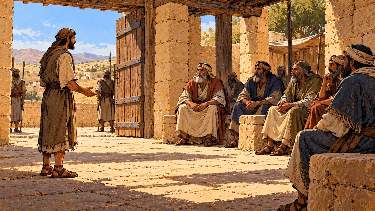 One adult stands before seated elders in an ordinary city gate court.