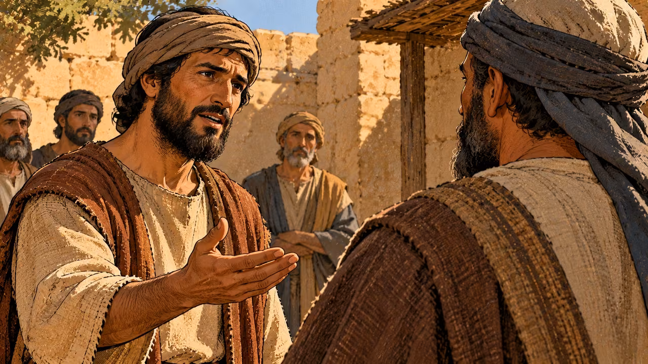 An adult speaks with a restrained open hand toward another adult while people listen nearby.