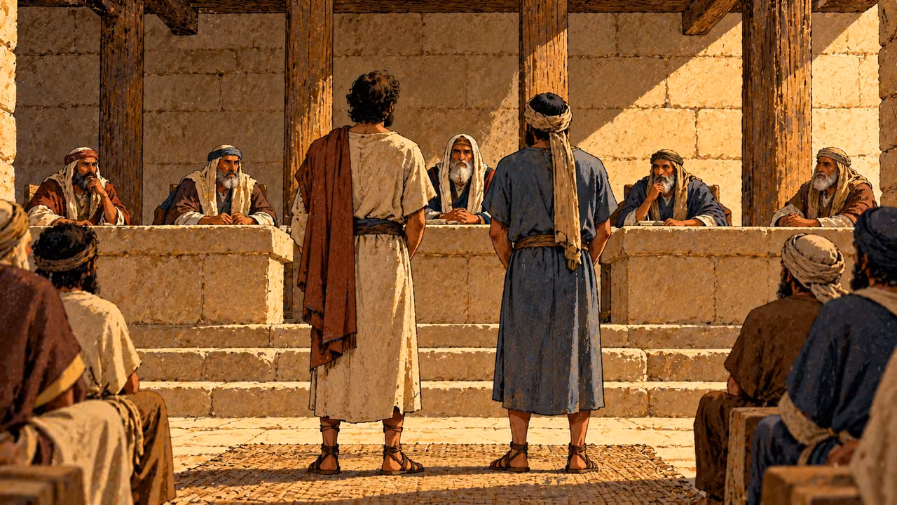 Two adults stand side by side before senior officials seated in a plain public court.