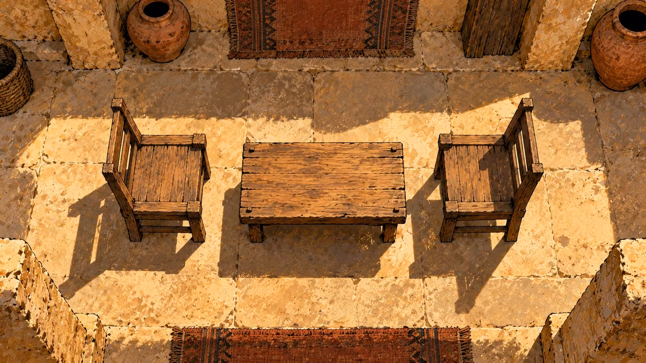 Two equal empty wooden seats face one another across a plain low table.
