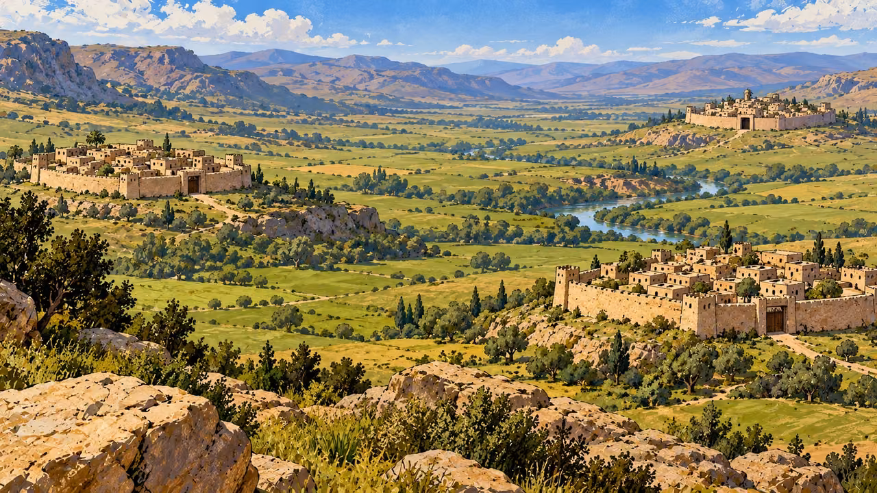 Three separate walled settlements stand far apart across a broad green valley.