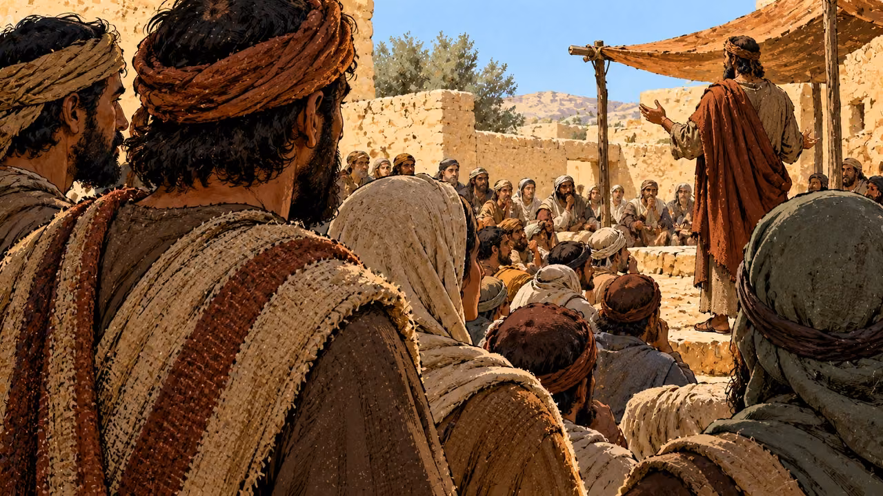 Adults listen soberly from the edge of a public gathering in an ordinary court.