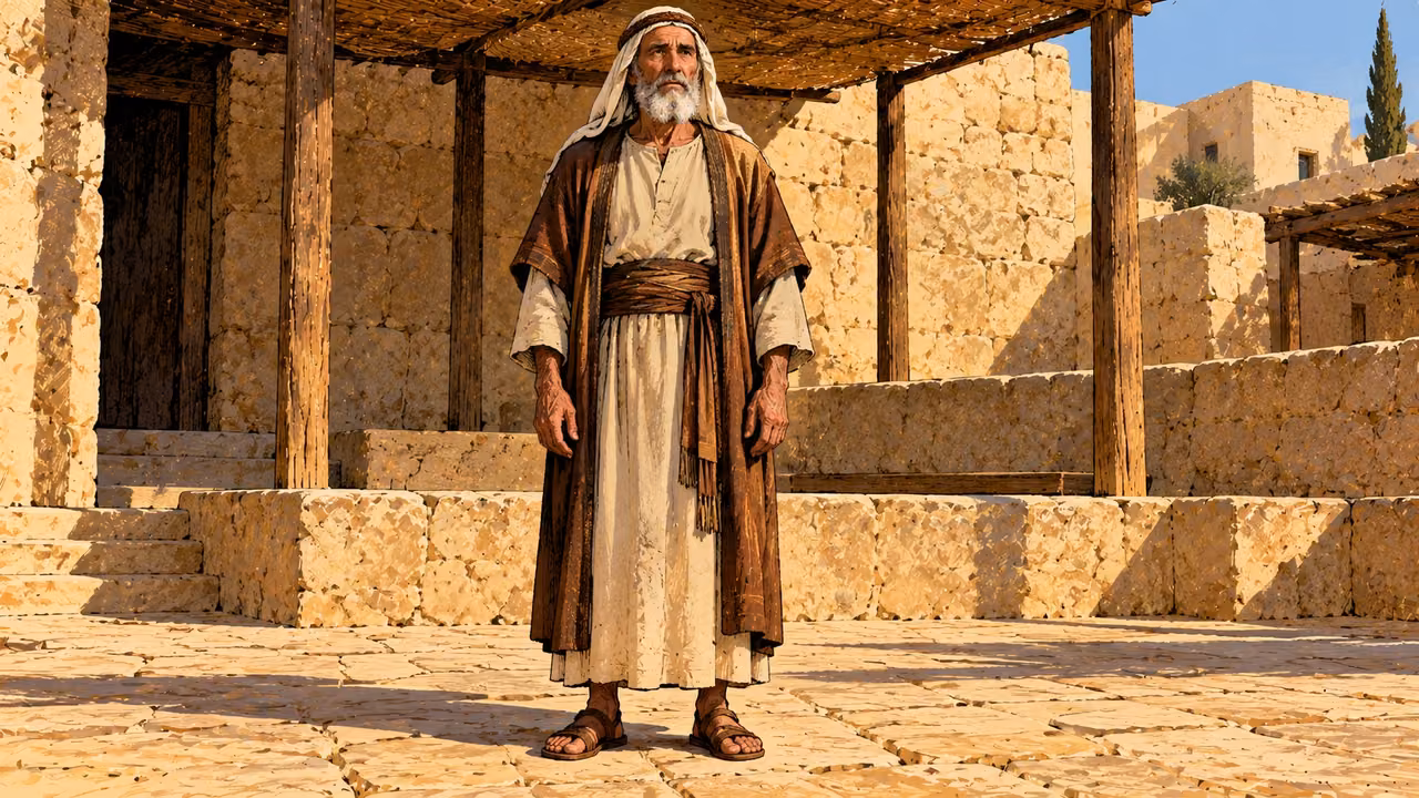 An ordinary senior adult stands with his hands low and his intact face, hands and sandaled feet visible.