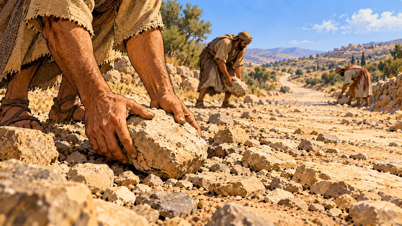 Workers lift loose stones from a broad track, with hands holding a rock close in the foreground.