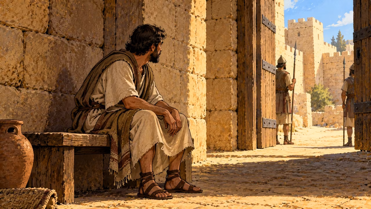 An adult rests with empty hands on a bench inside a city gate while ordinary guards stand outside.