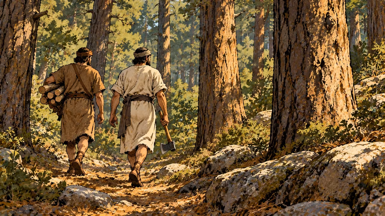 Two woodcutters walk through a forest, one carrying wood and the other an axe held down at his side.