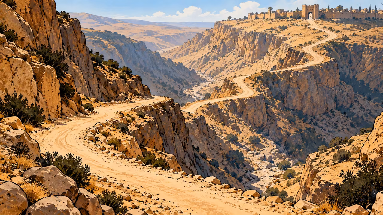 A long winding road follows a dry ravine toward a distant walled city.