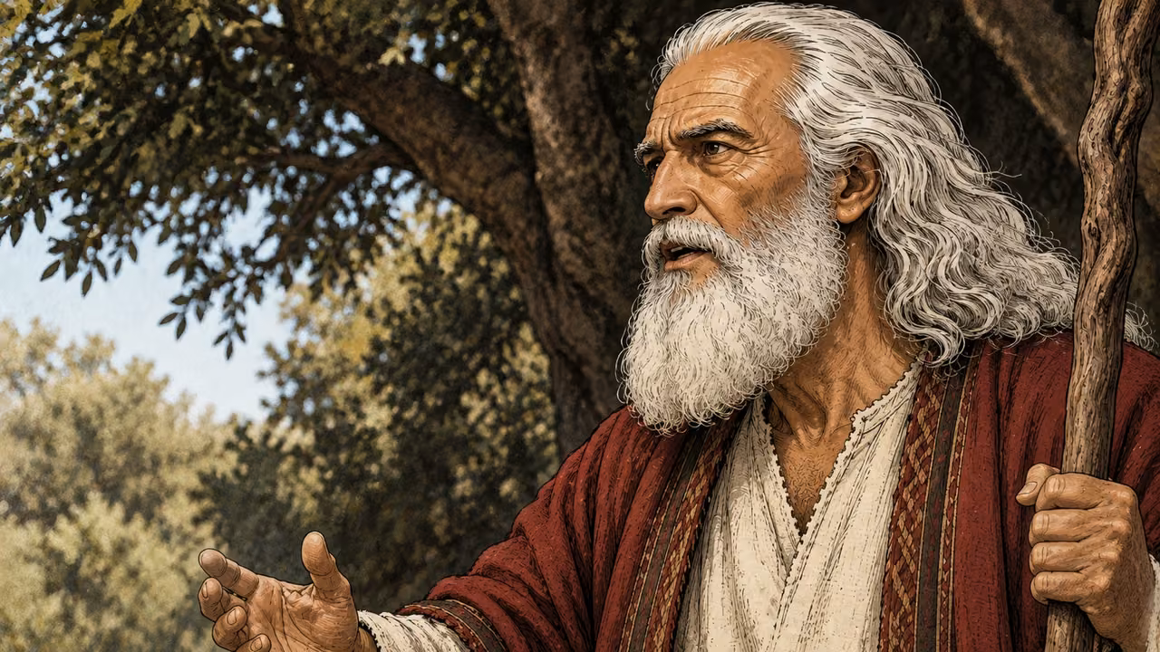 Moses speaks beneath shaded trees with his rough wooden staff in one hand and the other held low.