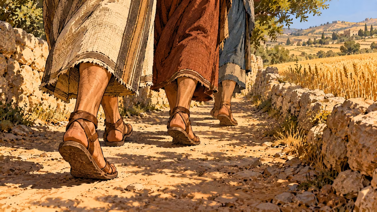 Companions walk at an ordinary pace along a shaded path between cultivated fields.