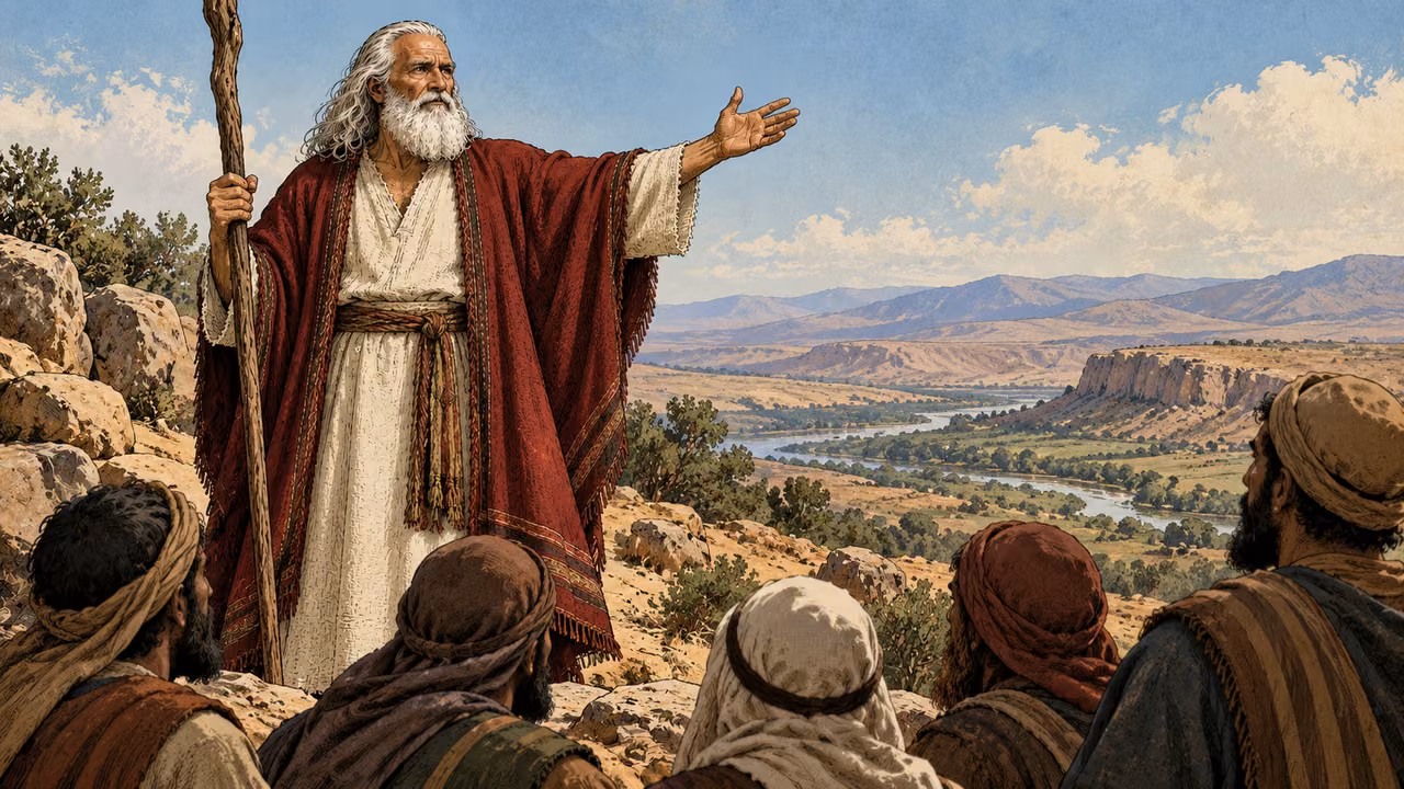 Moses addresses listeners above an open river valley.