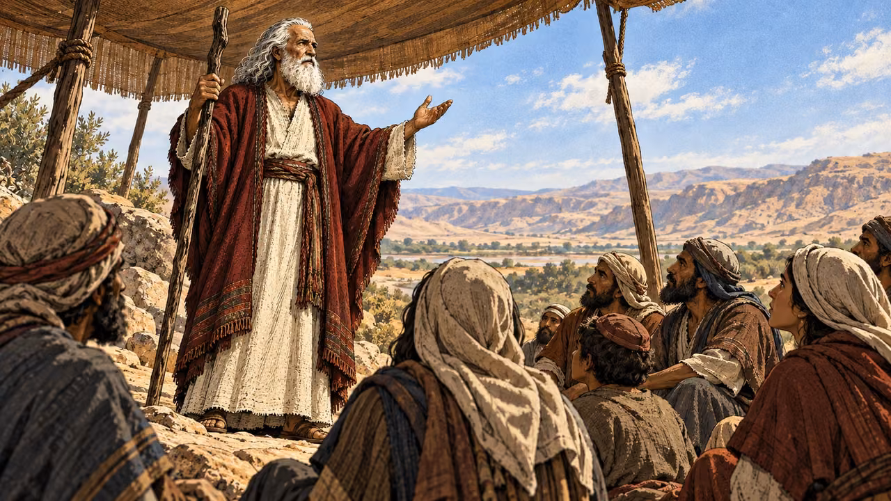 Moses teaches seated listeners beneath a woven canopy.
