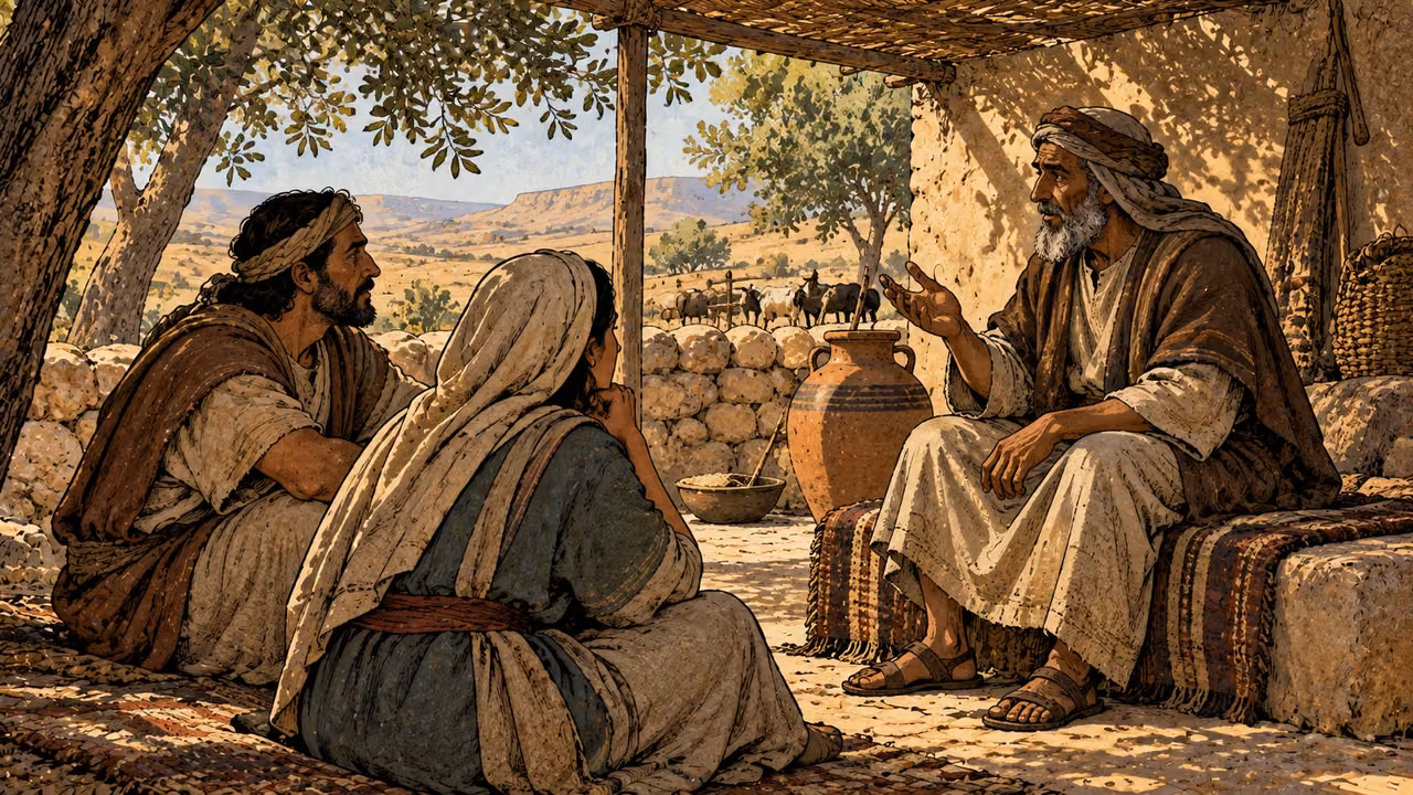 Two adults listen to an anonymous elder in a shaded courtyard.