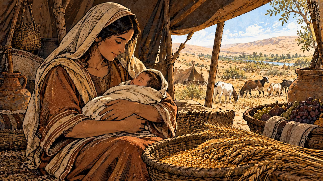 A mother holds her swaddled infant in a modest shelter.