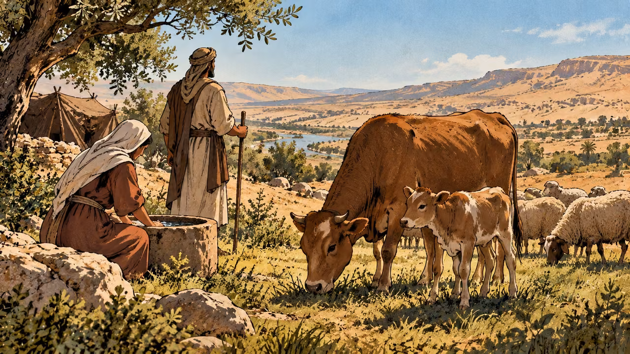 Anonymous adults remain near grazing cattle and a calf.