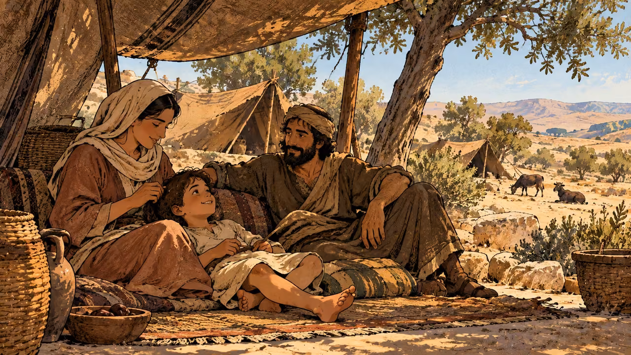 Two adults and a child rest together in a shaded camp.