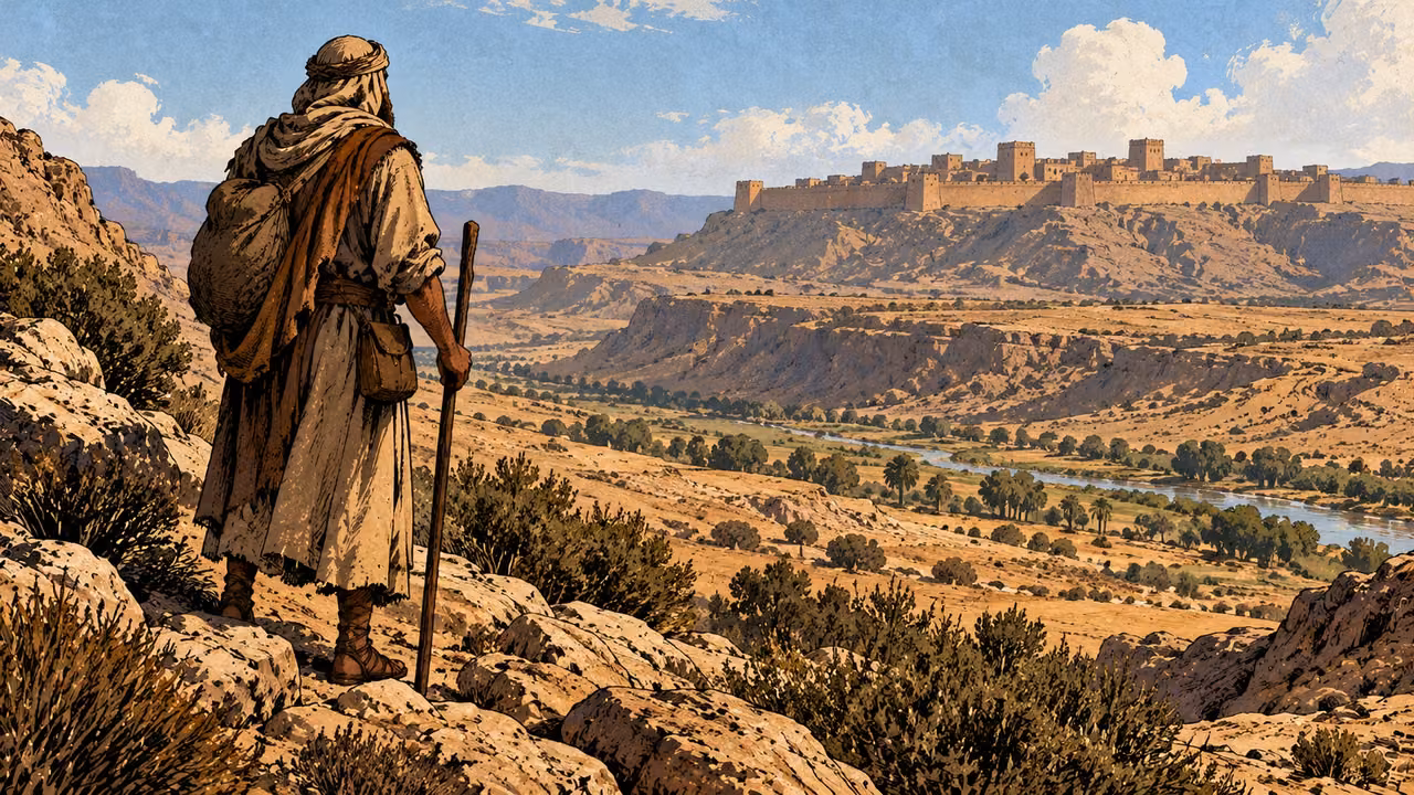 An anonymous traveler pauses below a distant fortified town.