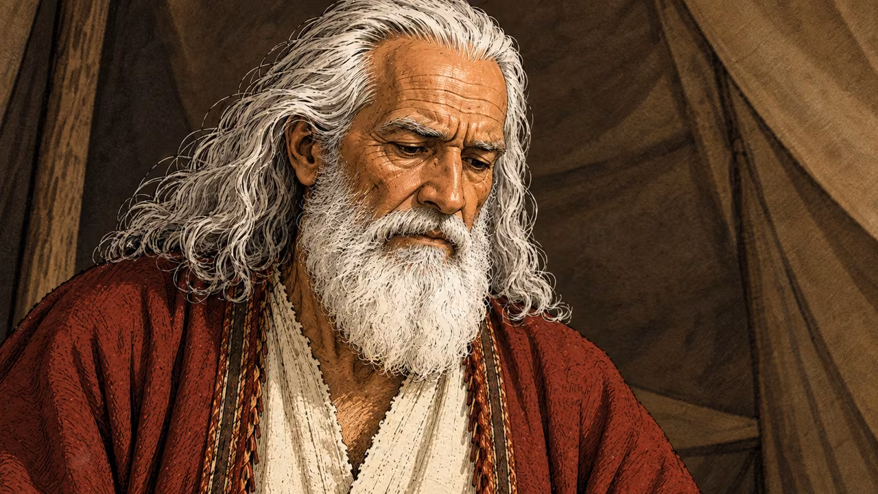 Moses looks thoughtfully downward in the shade of a tent.