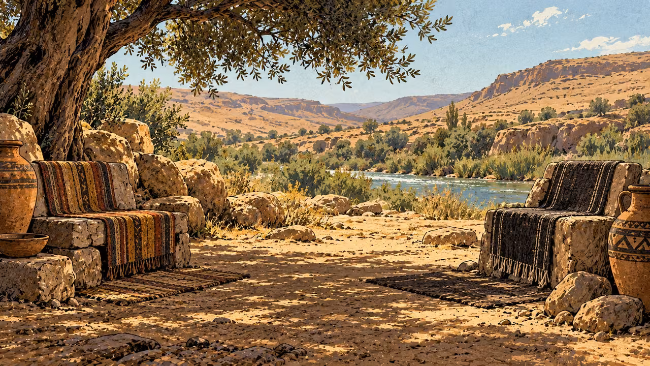 Empty seats face each other beside a river valley.