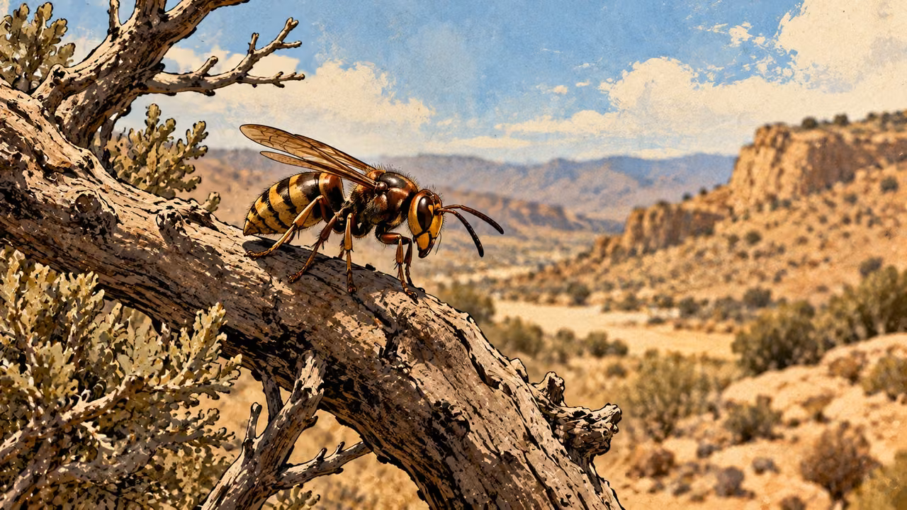 A hornet rests on a dry branch.