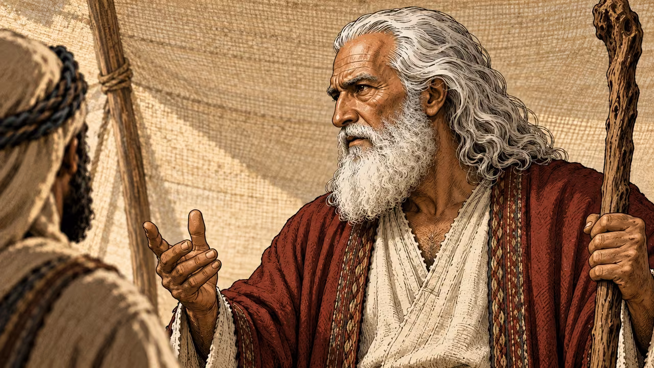 Moses faces an attentive listener beneath a plain canopy.