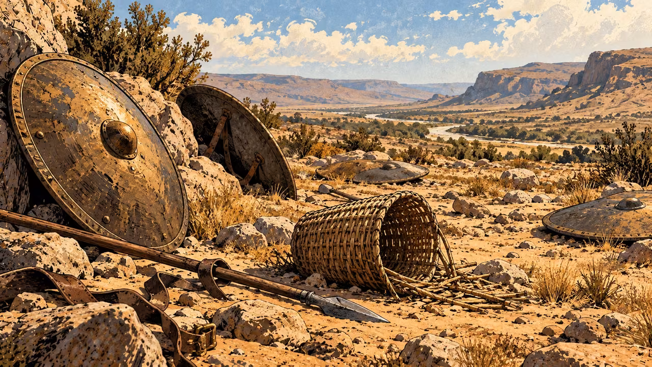 Plain shields and a fallen basket lie scattered on the ground.